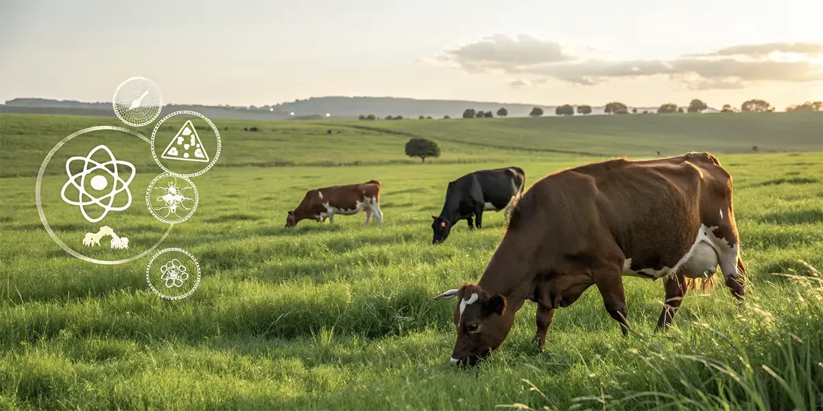 Cattle grazing in a green pasture with health symbols overlay Cattle grazing in a green pasture with health symbols overlay